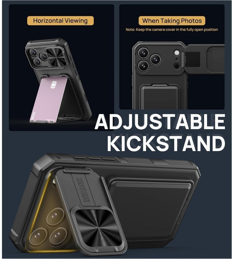 Card Holder & Kickstand & Slide Camera Lens Cover & Camera Stand & Wallet, Phone Case Cover for iPhone
