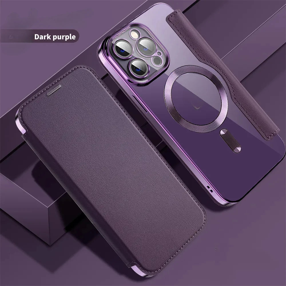 Flip leather wireless charging phone case for iPhone