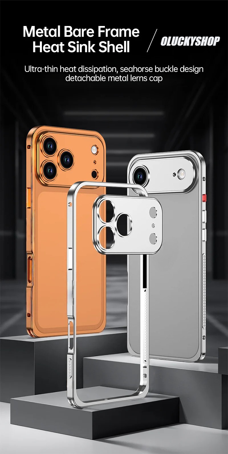 CaseSun-iPhone 17 Pro Max metal cooling frame case in sky silver, aluminum alloy with detachable lens cover.