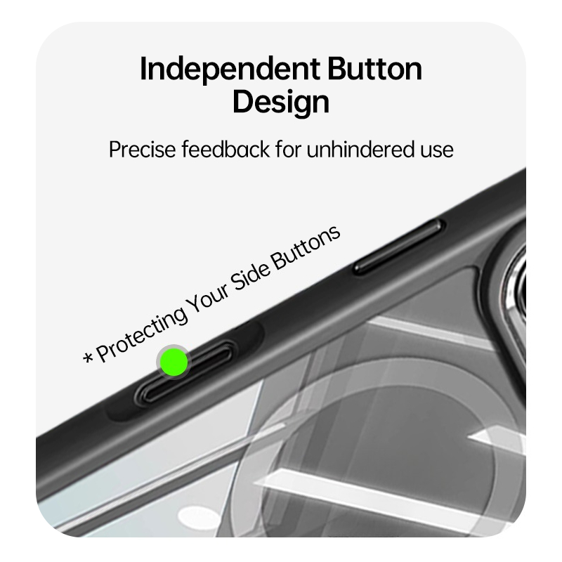 Independent button design on transparent LEKCASE MagSafe iPhone 17 case, ensuring precise tactile feedback and side button protection.
