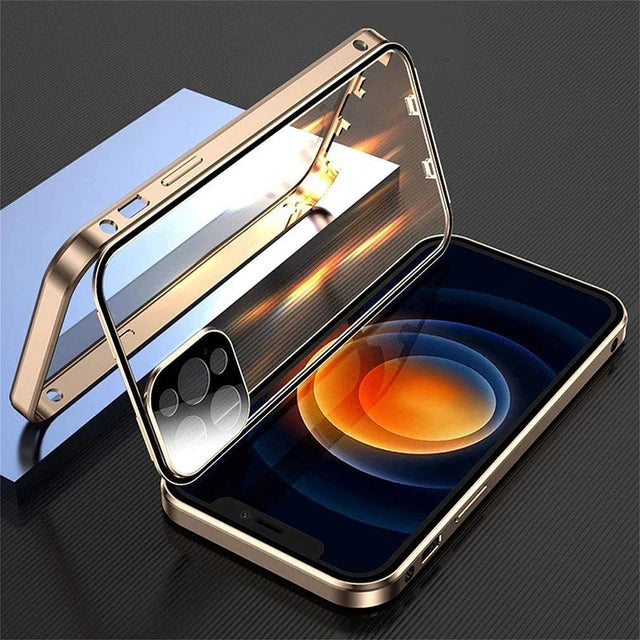 360°Full Protection Metal Magnetic Double Sided Glass Snap Lock Case For iPhone