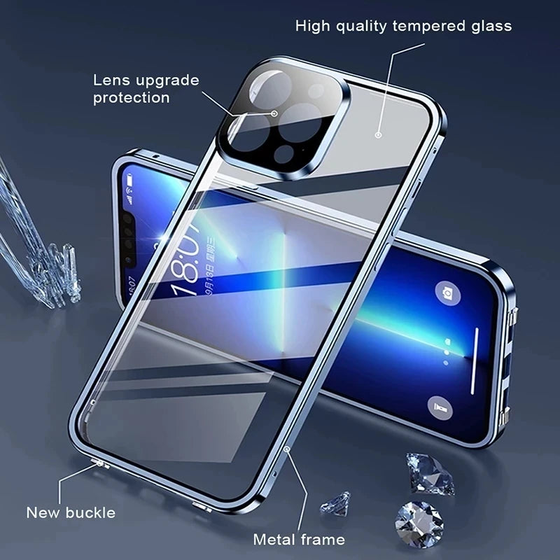 360°Full Protection Metal Magnetic Double Sided Glass Snap Lock Case For iPhone