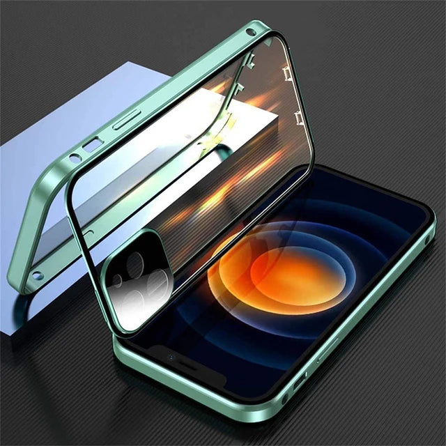 360°Full Protection Metal Magnetic Double Sided Glass Snap Lock Case For iPhone