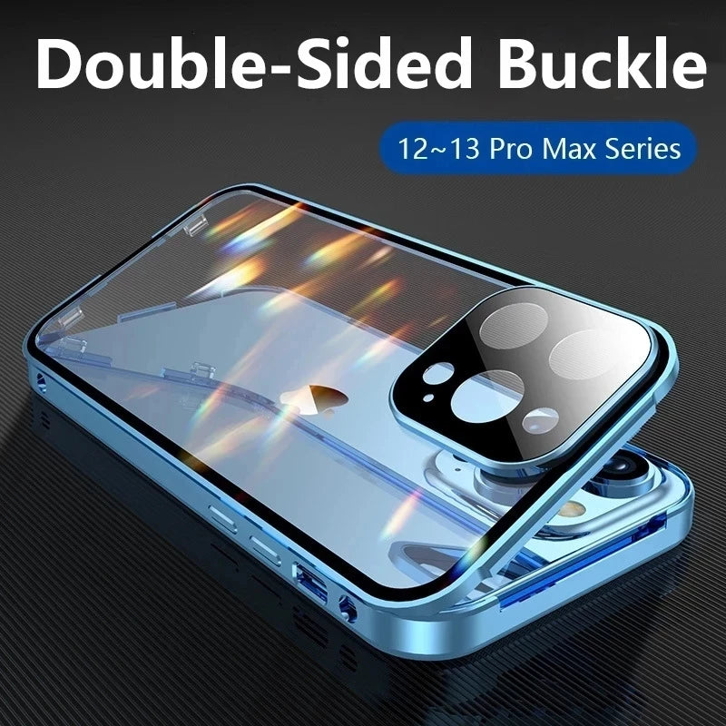 360°Full Protection Metal Magnetic Double Sided Glass Snap Lock Case For iPhone