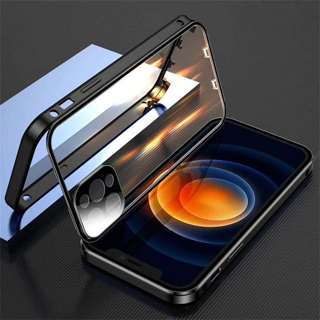360°Full Protection Metal Magnetic Double Sided Glass Snap Lock Case For iPhone