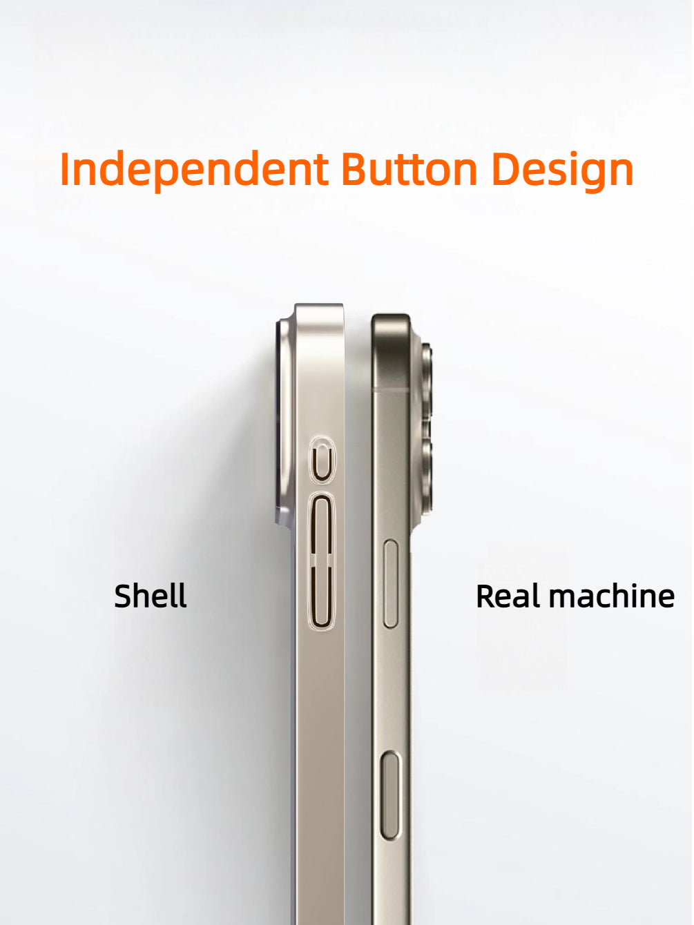 Close-up side view of the LEKCASE iPhone 17 case showing independent button design aligned perfectly with the real iPhone buttons.