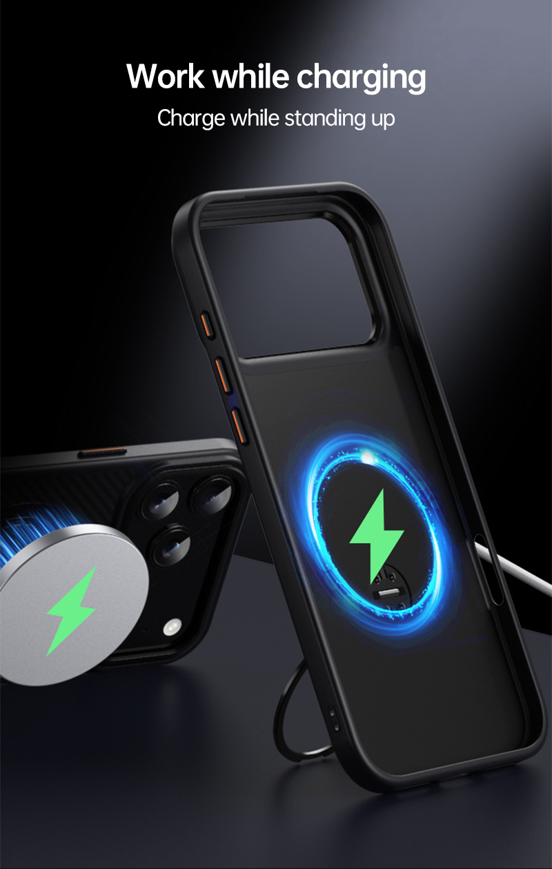 CASESUN carbon fiber iPhone 17 Pro Max case charging upright with MagSafe.