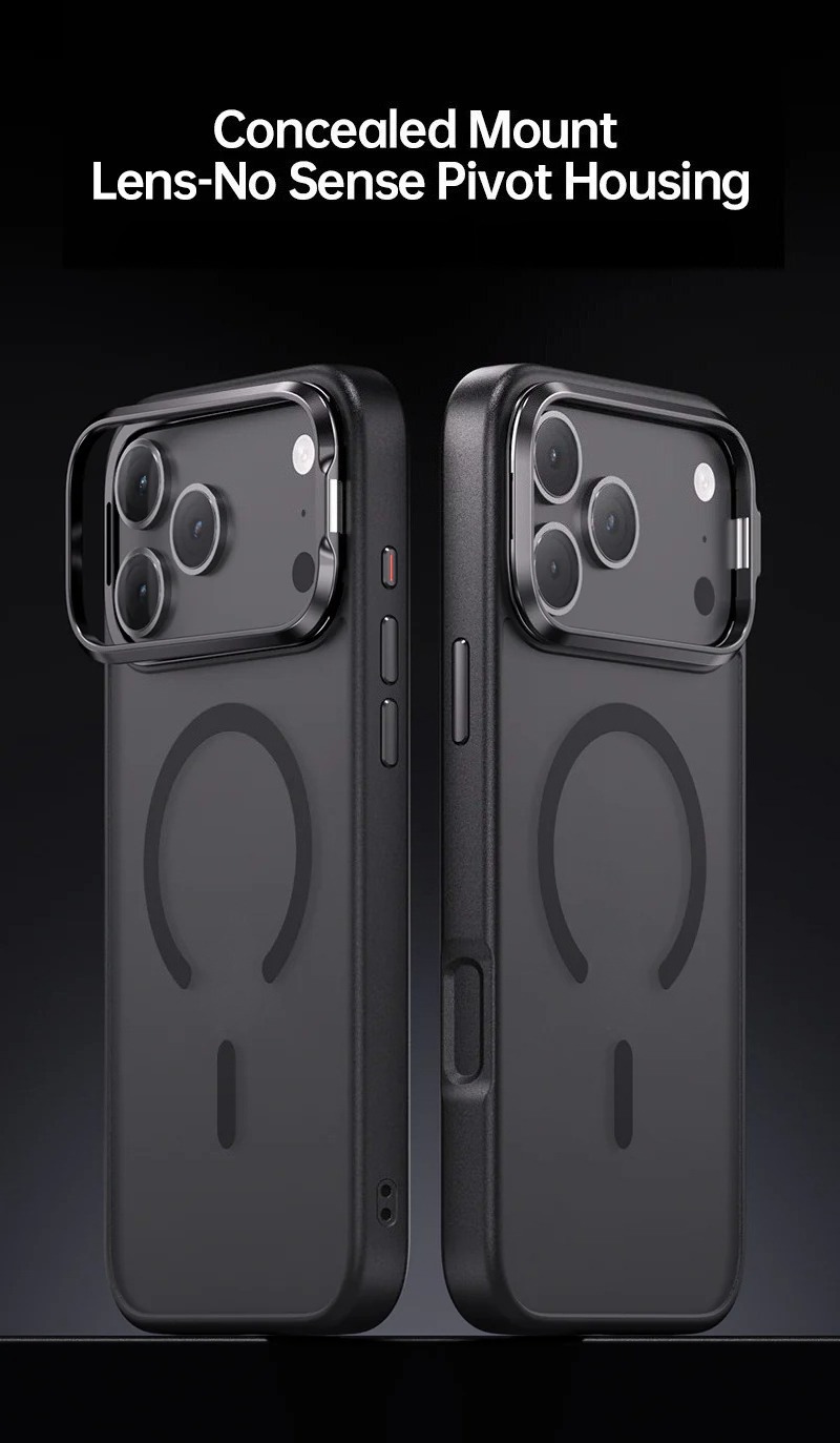 CaseSun-Close-up view of the CASESUN case for iPhone 17 Pro, showing the sleek concealed lens bracket design, seamlessly integrated into the case without disrupting the phone's appearance.