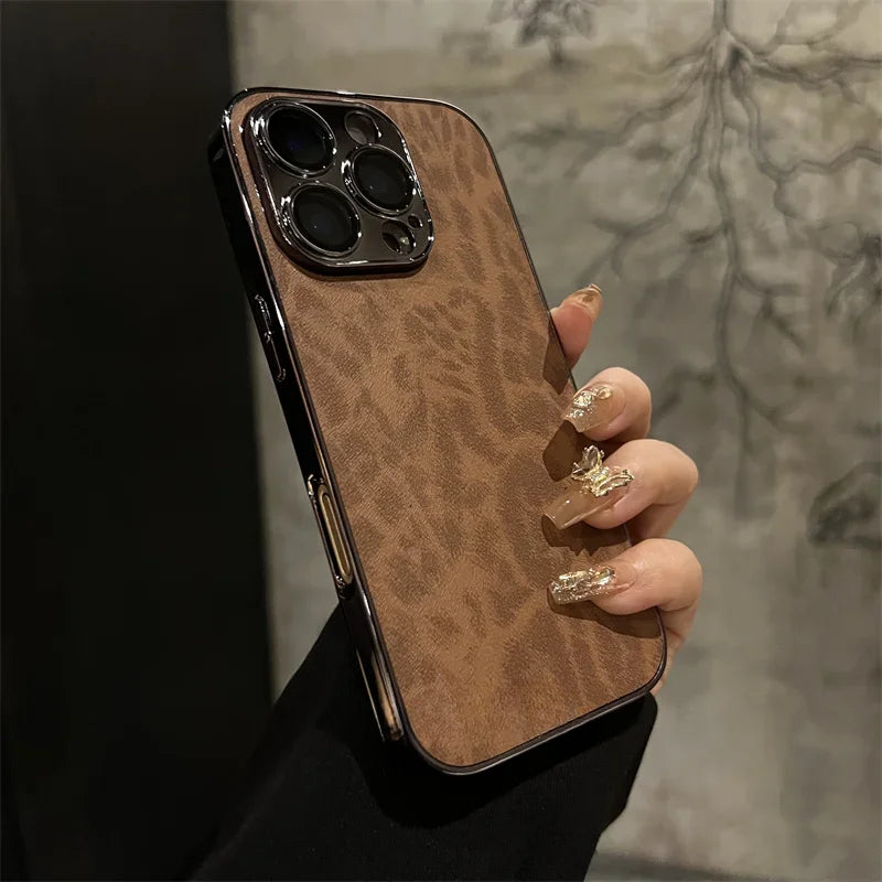 Luxury electroplated leopard print leather phone case for iPhone
