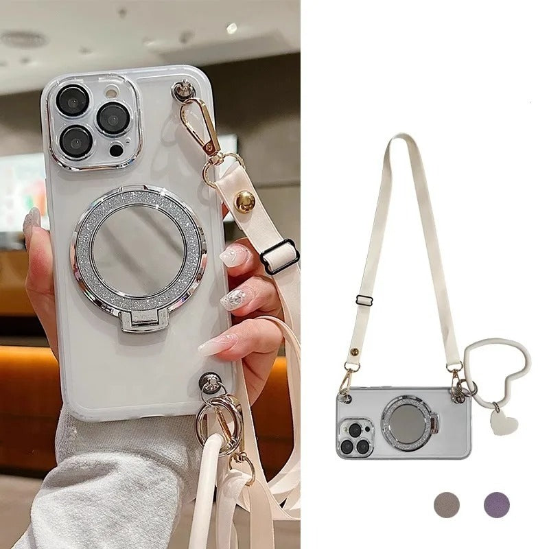 Mirror Stand Silk Strap Transparent Crossbody Neck Lanyard Soft  Case For iPhone 