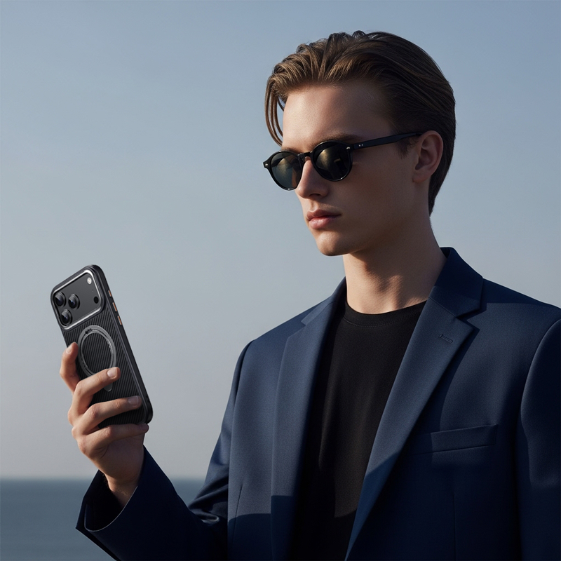 CASESUN carbon fiber textured MagSafe case showcased by a man in a navy suit wearing sunglasses, highlighting premium business style by the seaside.
