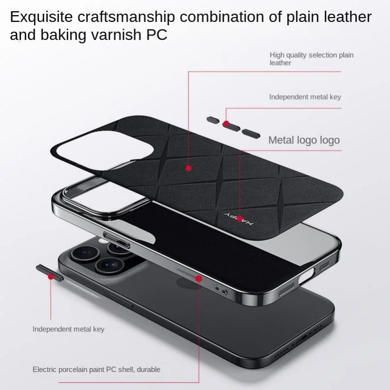 Luxury Plain Leather + Camera Lens Protection Case For iPhone