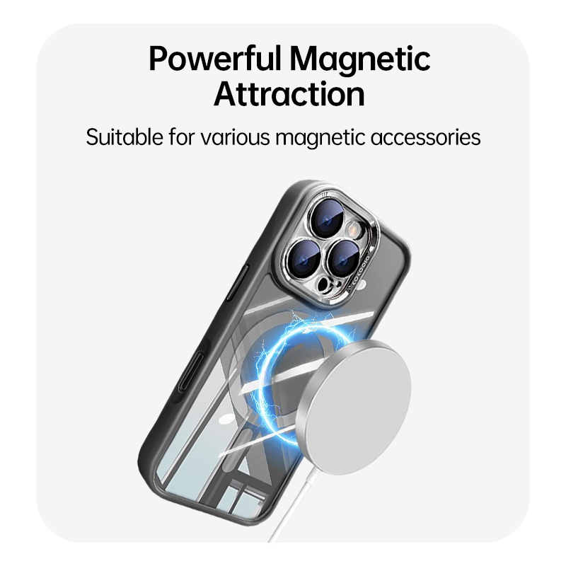 Transparent MagSafe iPhone 17 case showing powerful magnetic attraction, compatible with wireless charging and magnetic accessories.