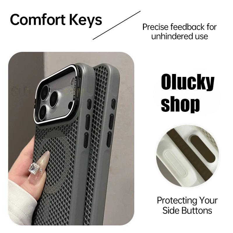Soft-touch comfort buttons with precise feedback on CASESUN cooling MagSafe case for iPhone 17.