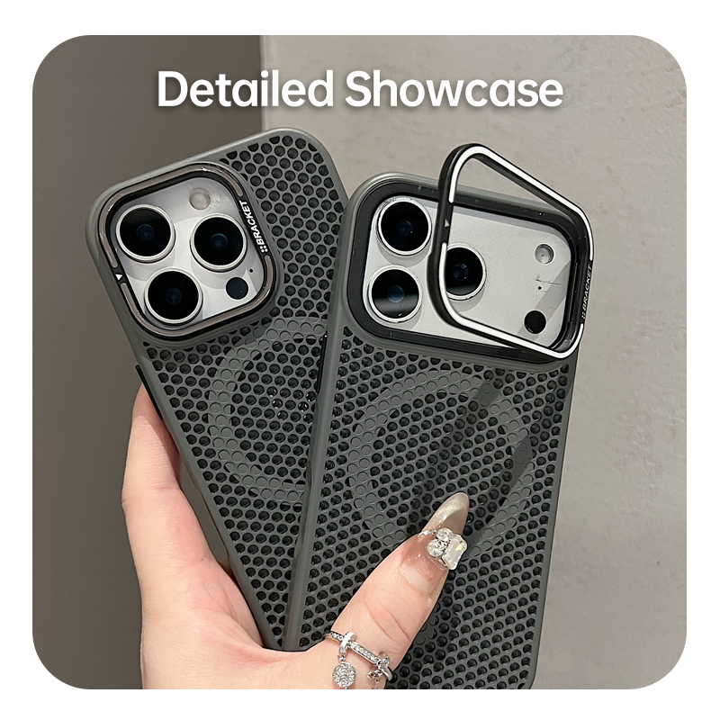 Foldable stand design on CASESUN iPhone 17 honeycomb cooling case, showing stable hands-free angle.