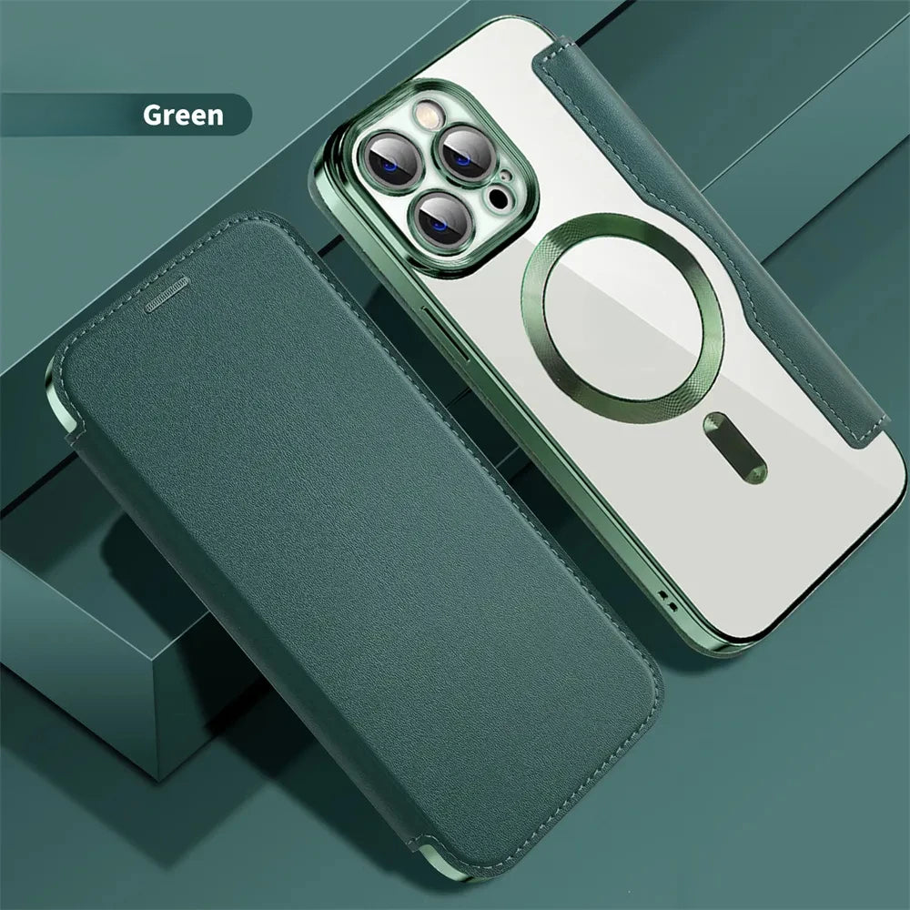 Flip leather wireless charging phone case for iPhone
