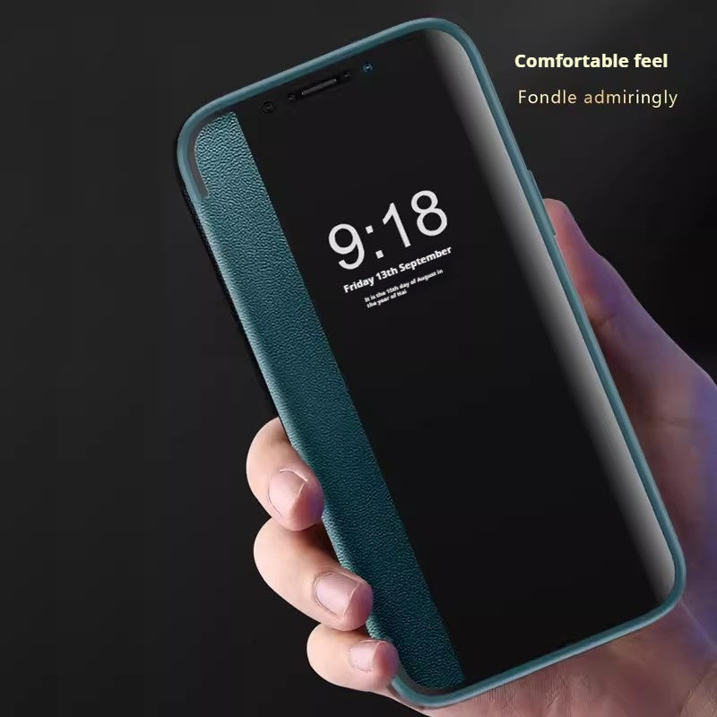Plain leather side window flip phone case for iPhone