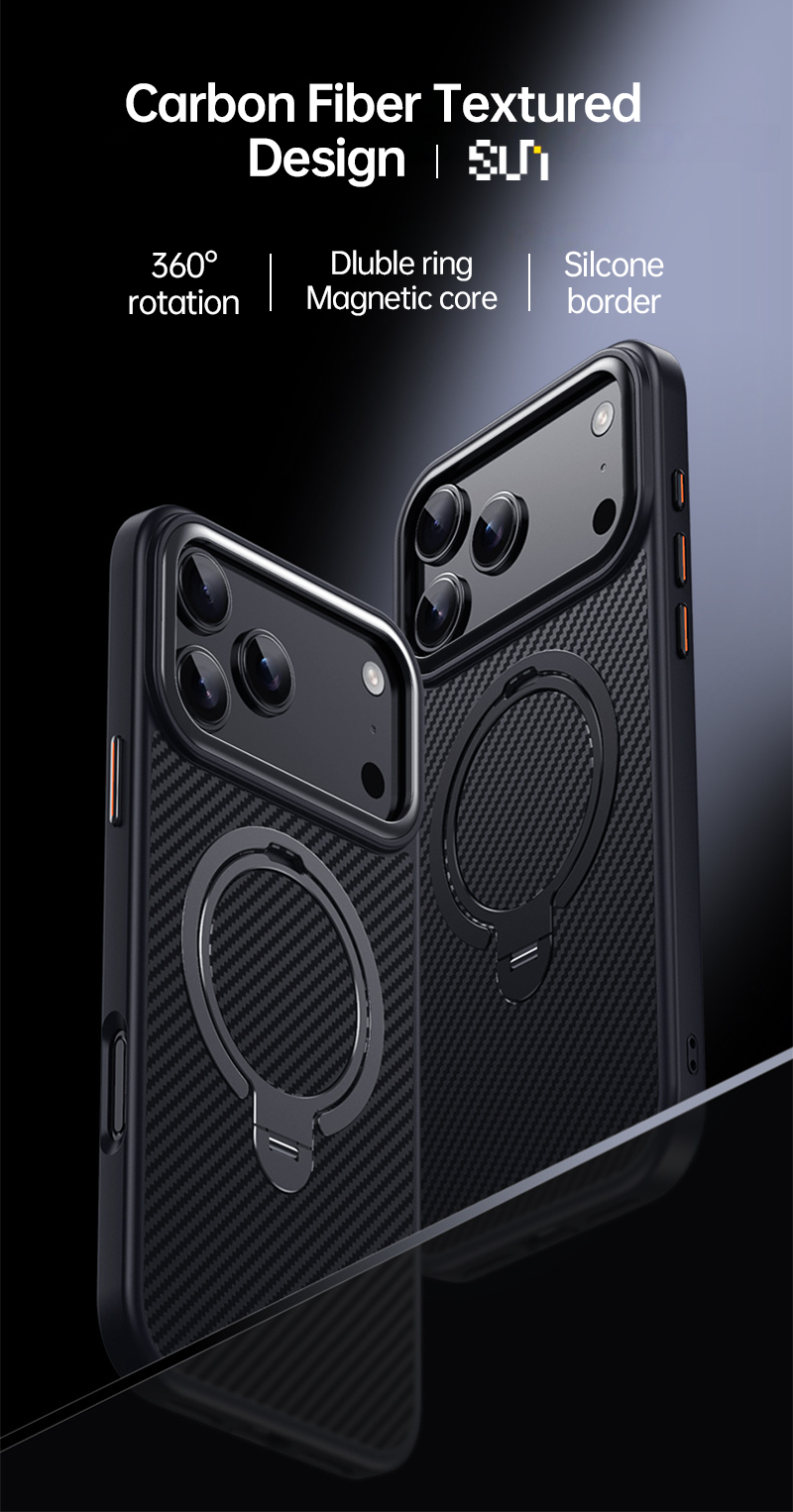 CASESUN carbon fiber textured iPhone 17 Pro Max case with dual-ring stand and silicone border.