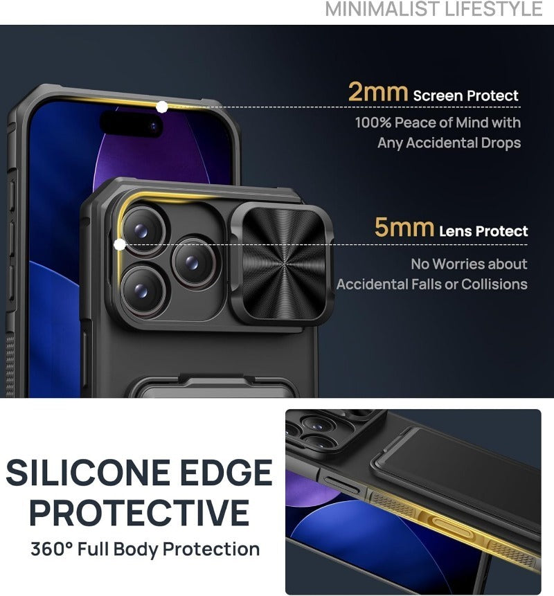 Card Holder & Kickstand & Slide Camera Lens Cover & Camera Stand & Wallet, Phone Case Cover for iPhone