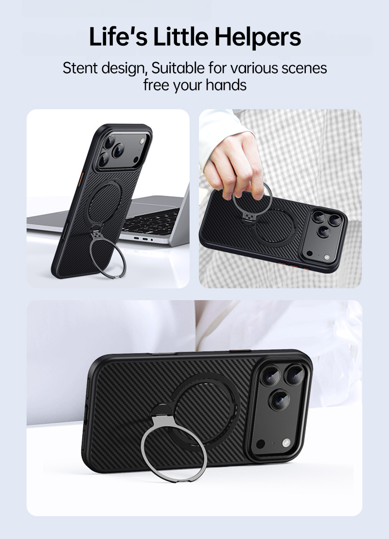 CASESUN iPhone 17 Pro Max case with dual magnetic ring stand shown in everyday scenarios for hands-free convenience.