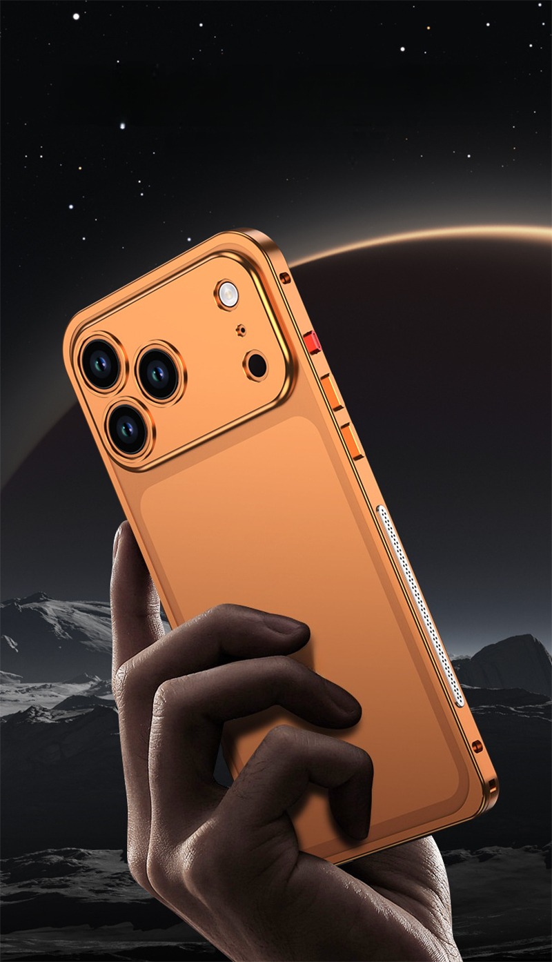 CaseSun-Luxury orange-gold iPhone 17 Pro Max metal bumper case, ultra-thin aluminum alloy frame with cooling design.