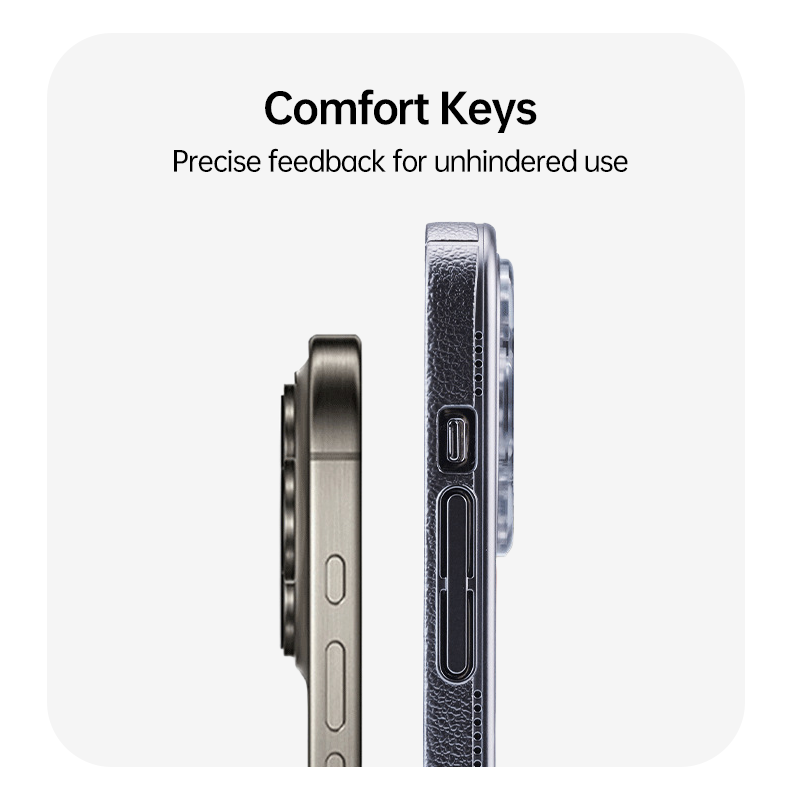 Side view of LEKCASE hollow magnetic iPhone 17 case with independent comfort keys, ensuring precise tactile feedback.