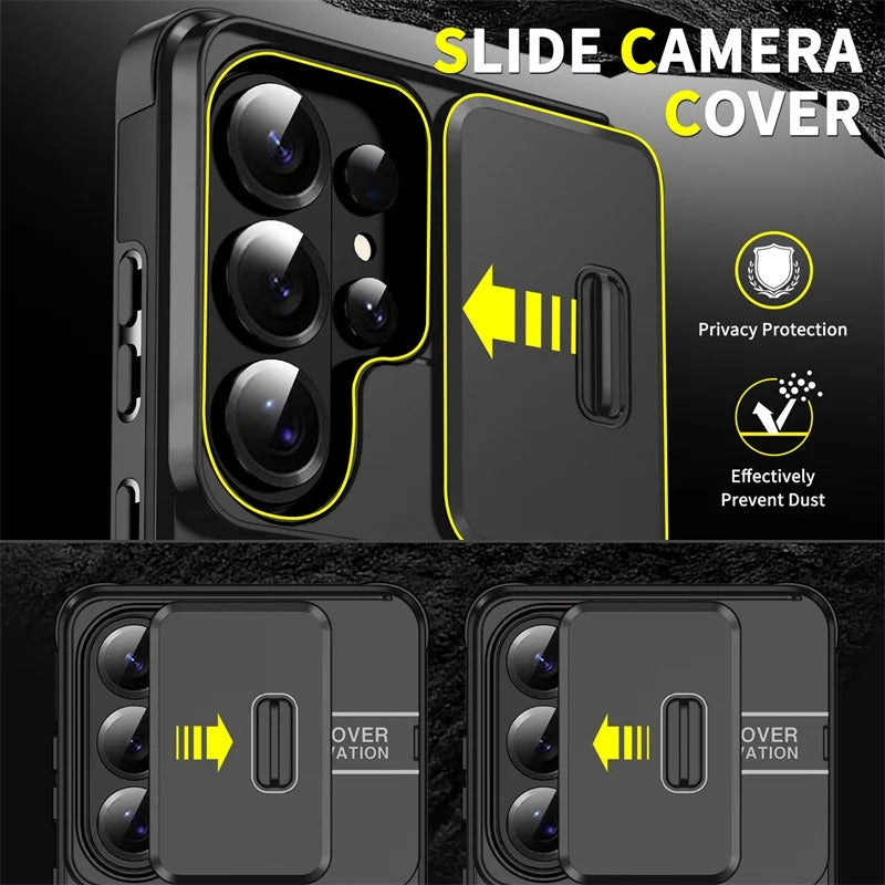 Samsung phone slider camera case with car magnetic mount and metal ring