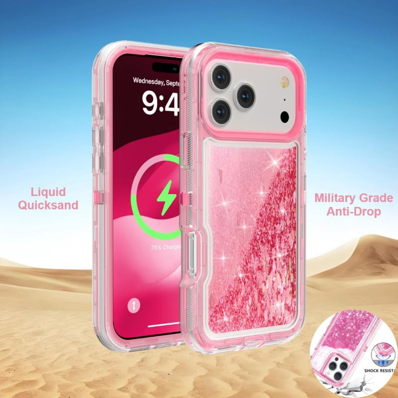 3 IN 1 OTT Heavy Duty Glitter Liquid Quicksand Box Phone Case For iPhone