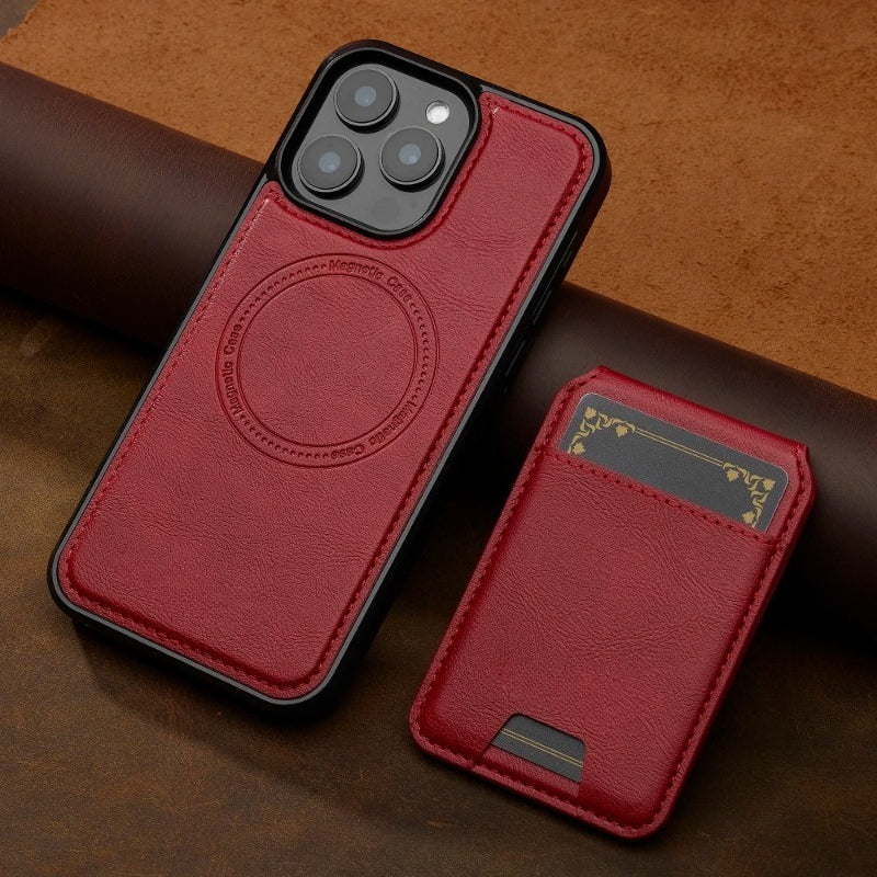 Detachable magnetic 2-in-1 genuine leather strap phone case with card slot for iPhone.