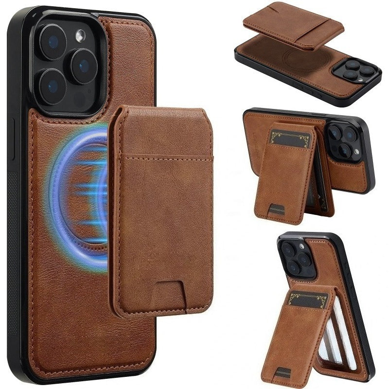 Detachable magnetic 2-in-1 genuine leather strap phone case with card slot for iPhone.
