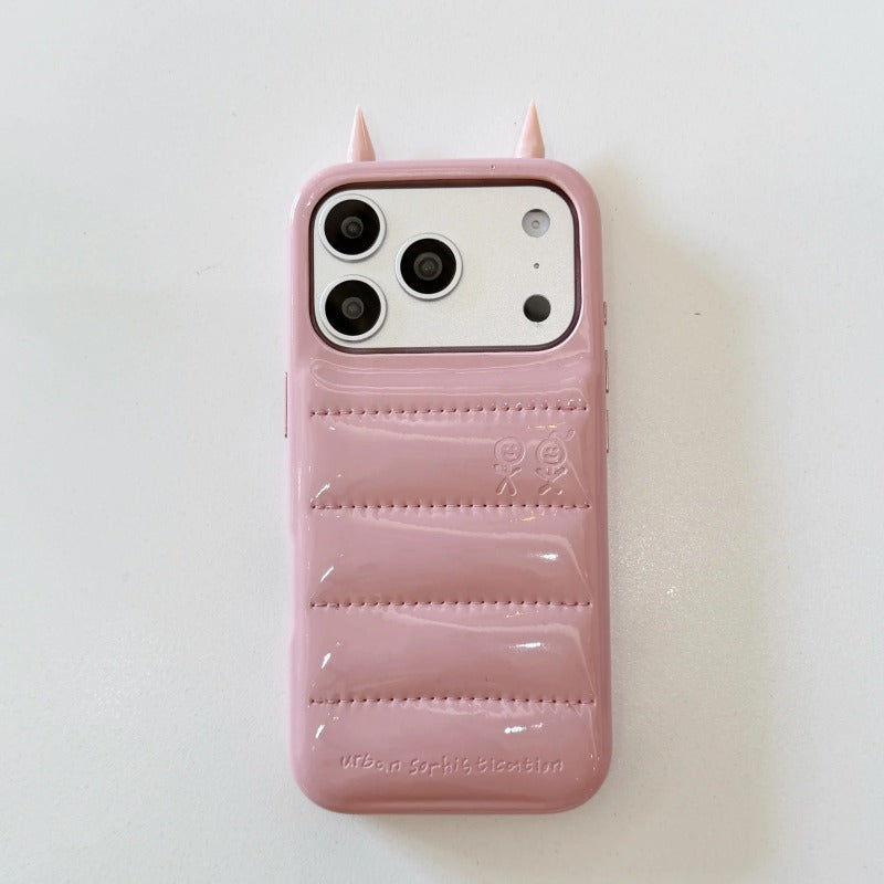 Cartoon Leather horns Down Phone Case with Quilted Down Design Shockproof Phone Case for IPhone
