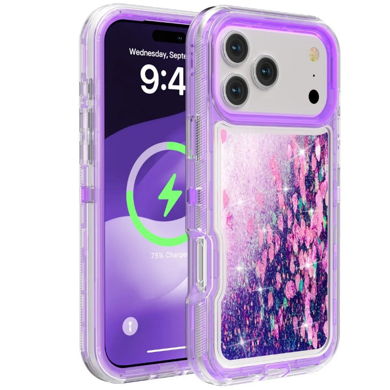 3 IN 1 OTT Heavy Duty Glitter Liquid Quicksand Box Phone Case For iPhone