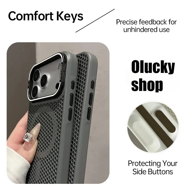 Soft-touch comfort buttons with precise feedback on CASESUN cooling MagSafe case for iPhone 17.