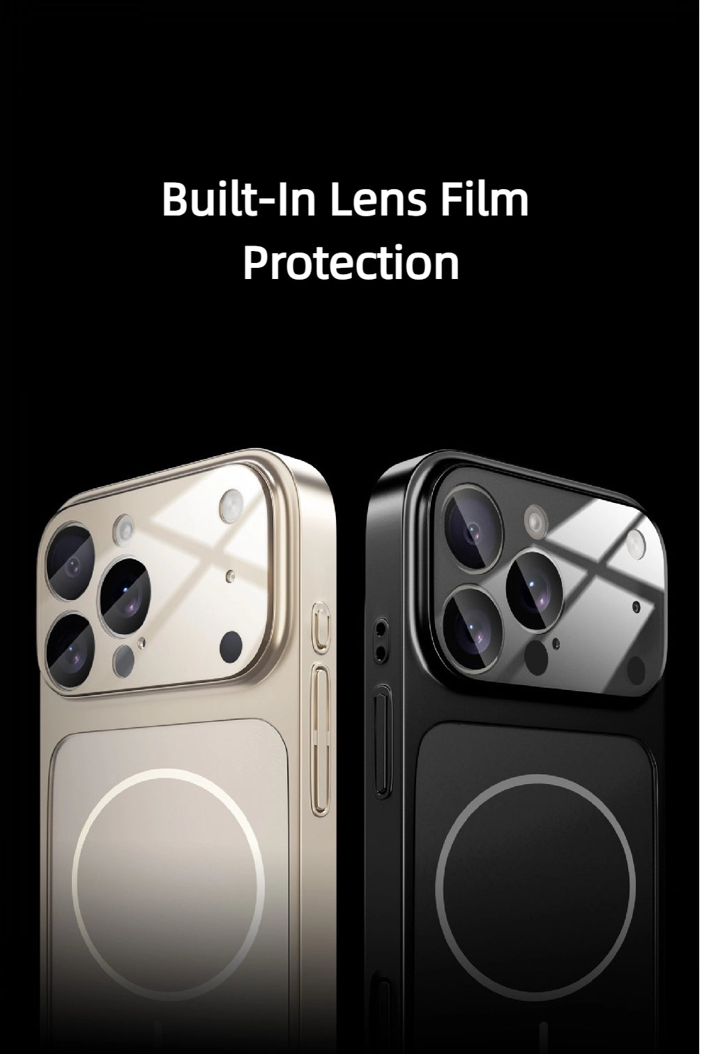LEKCASE iPhone 17 Series Frosted Large Window Cases in gold and black, highlighting built-in lens film protection for camera safety with slim frosted MagSafe design.