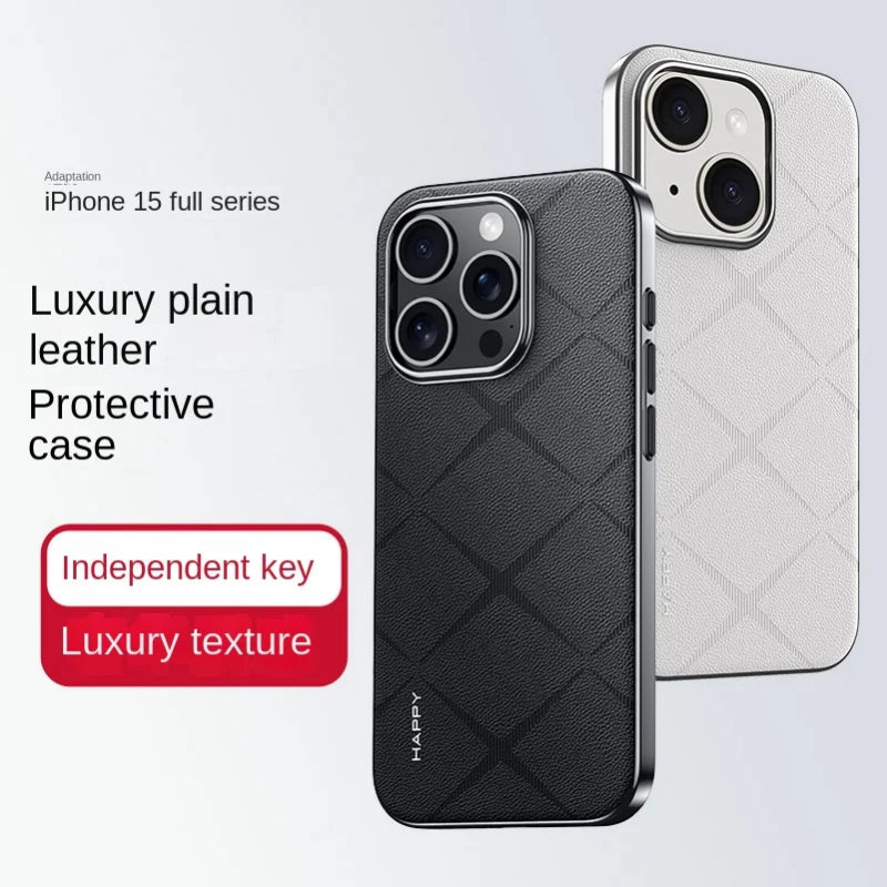 Luxury Plain Leather + Camera Lens Protection Case For iPhone