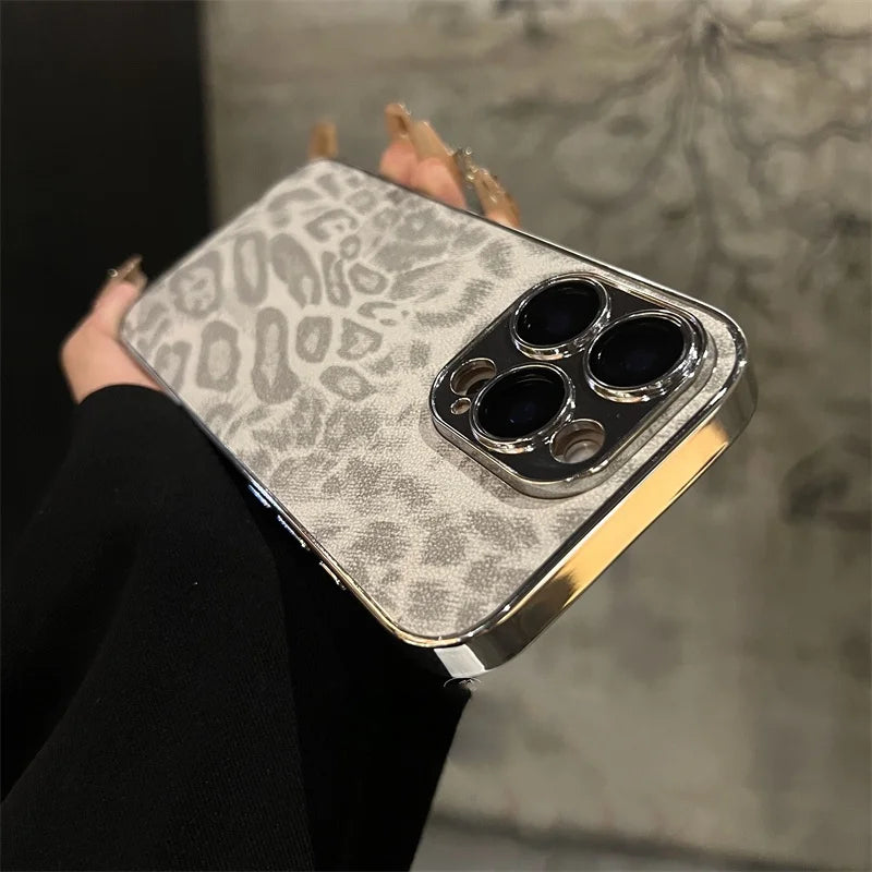 Luxury electroplated leopard print leather phone case for iPhone