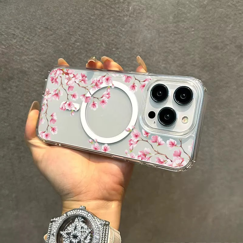 Pink butterfly flower transparent phone case for iPhone