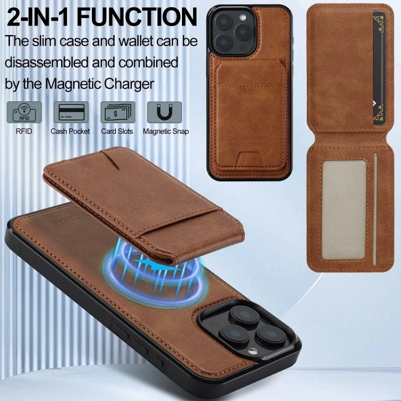 Detachable magnetic 2-in-1 genuine leather strap phone case with card slot for iPhone.