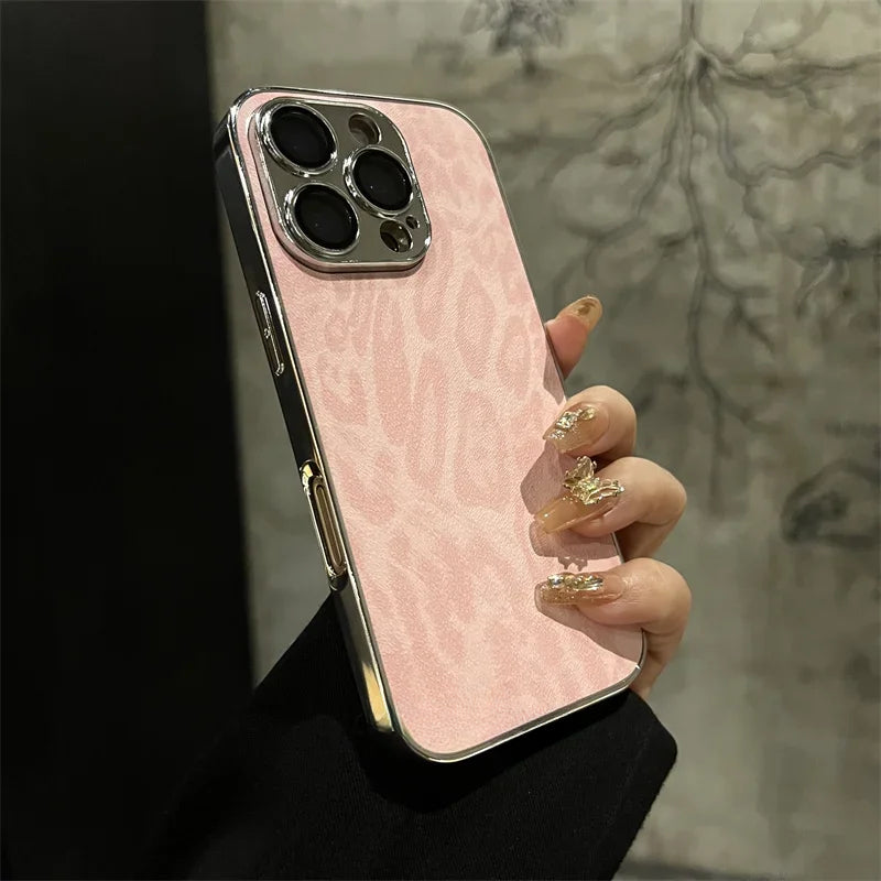 Luxury electroplated leopard print leather phone case for iPhone