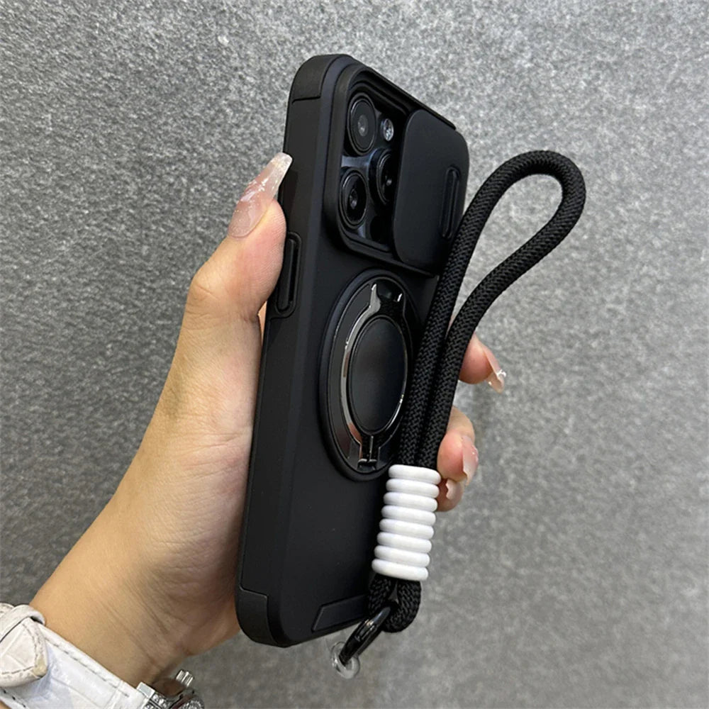 Armor Ring Slide Window Strap Case for iPhone