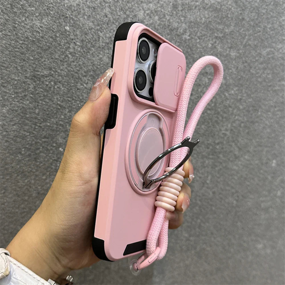 Armor Ring Slide Window Strap Case for iPhone
