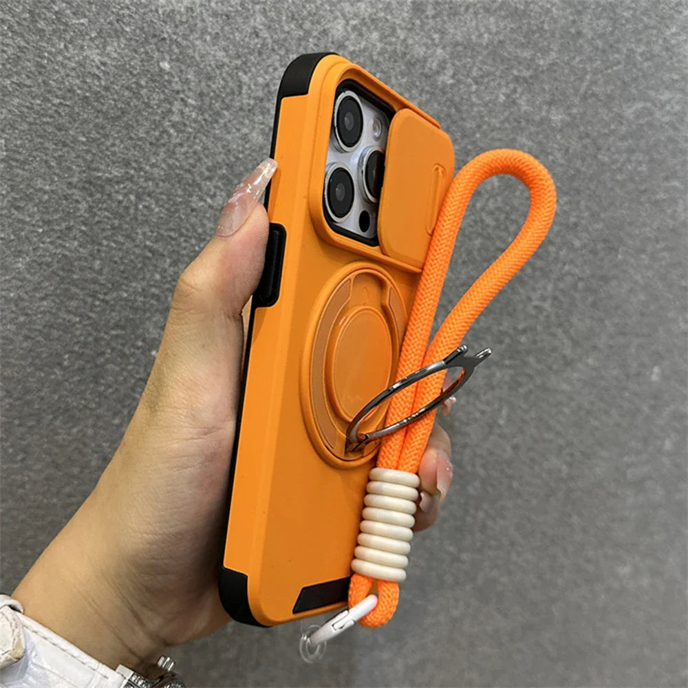 Armor Ring Slide Window Strap Case for iPhone
