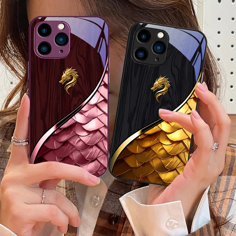 Black Tempered Glass Wood Grain Dragon Scale Red case for iPhone