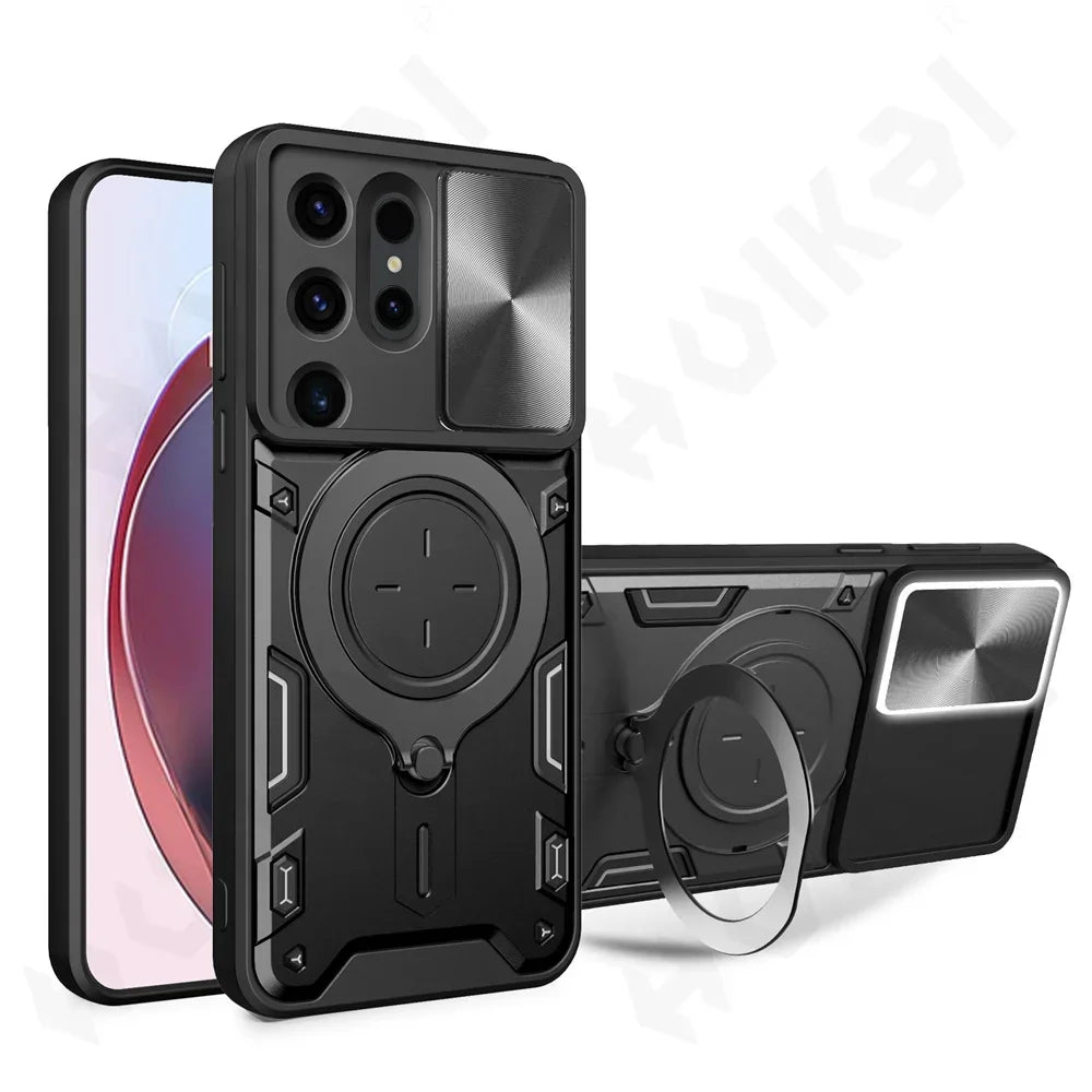Magnetic rotating bracket sliding lens protection phone case suitable for Samsung