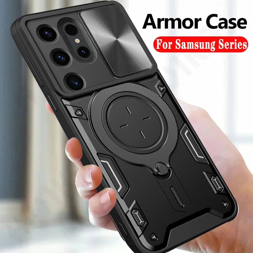 Magnetic rotating bracket sliding lens protection phone case suitable for Samsung