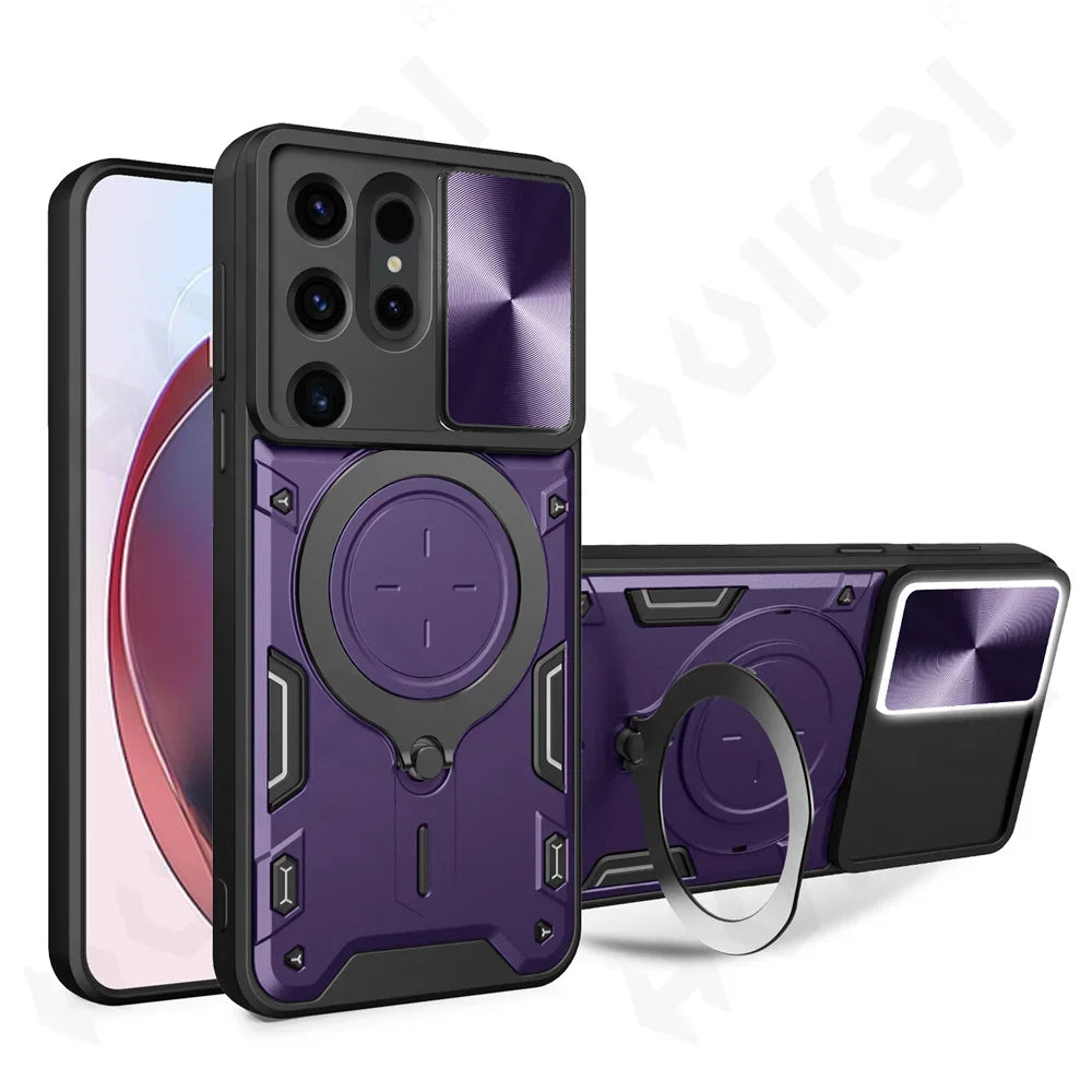 Magnetic rotating bracket sliding lens protection phone case suitable for Samsung