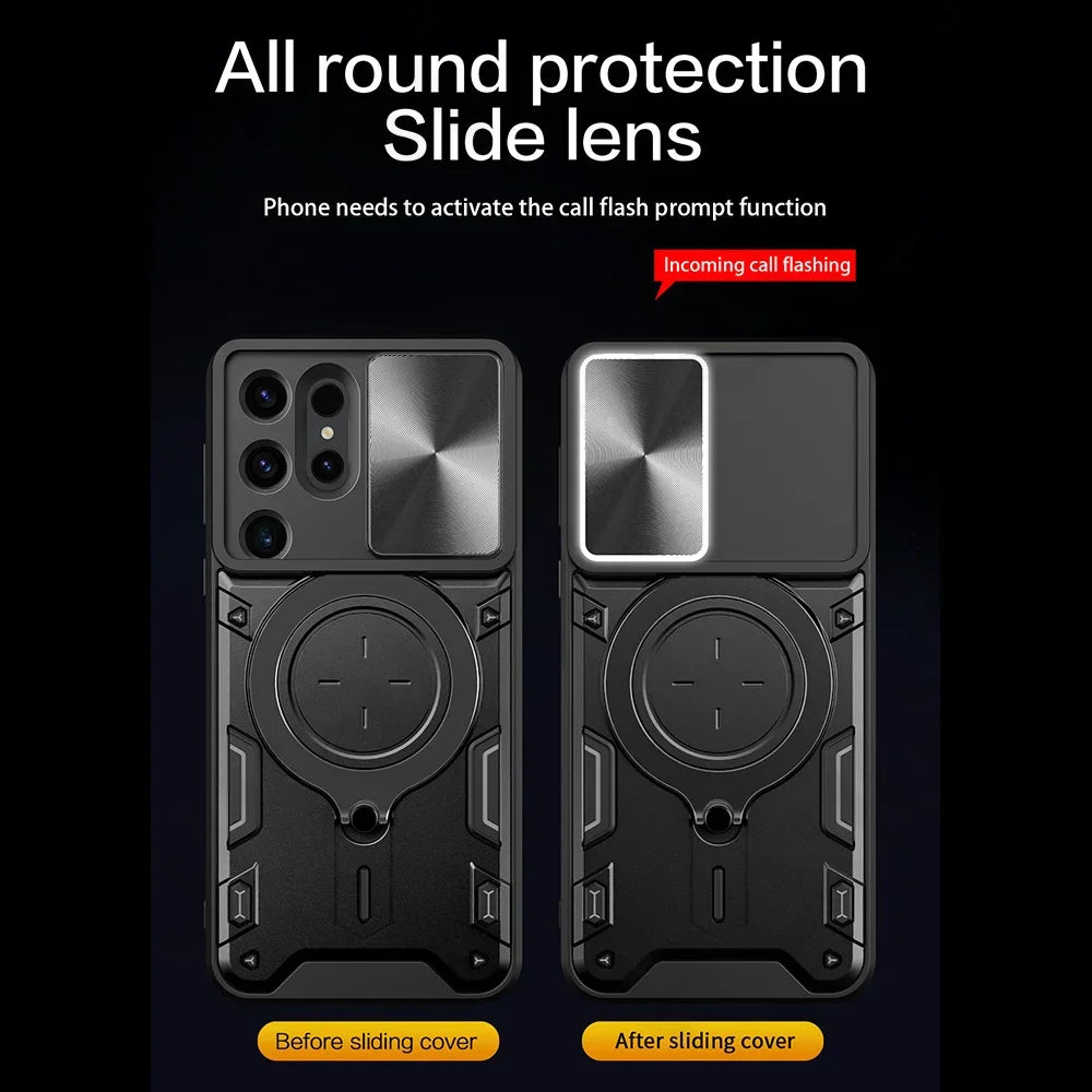 Magnetic rotating bracket sliding lens protection phone case suitable for Samsung