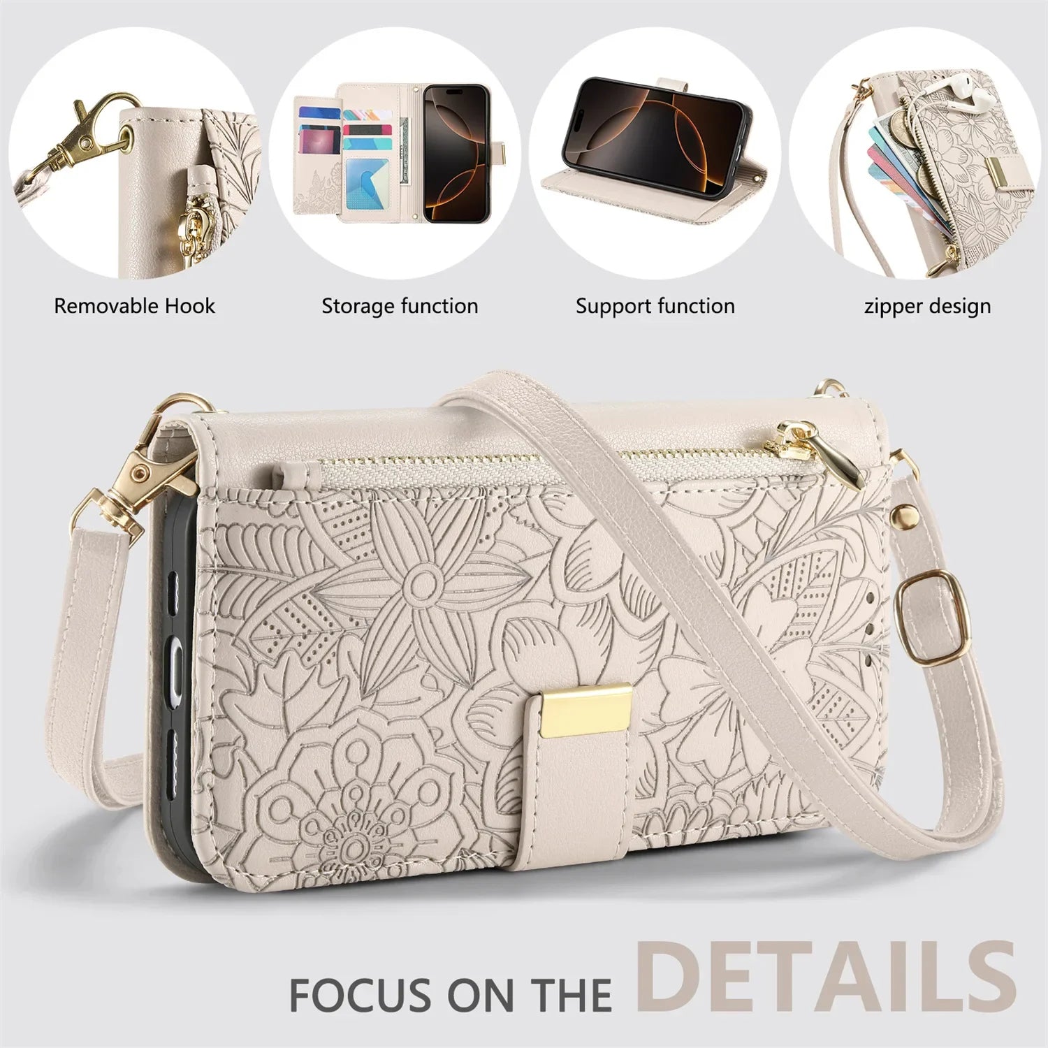 Leather Zipper Crossbody Flip Wallet Card Slot Case for IPhone