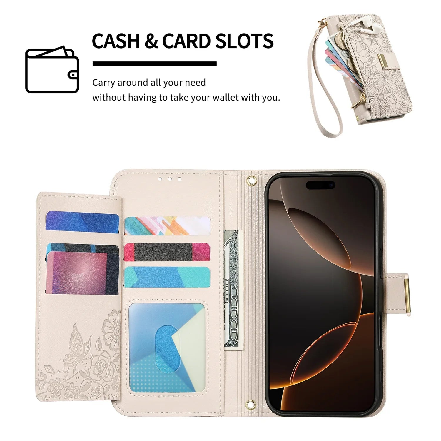 Leather Zipper Crossbody Flip Wallet Card Slot Case for IPhone