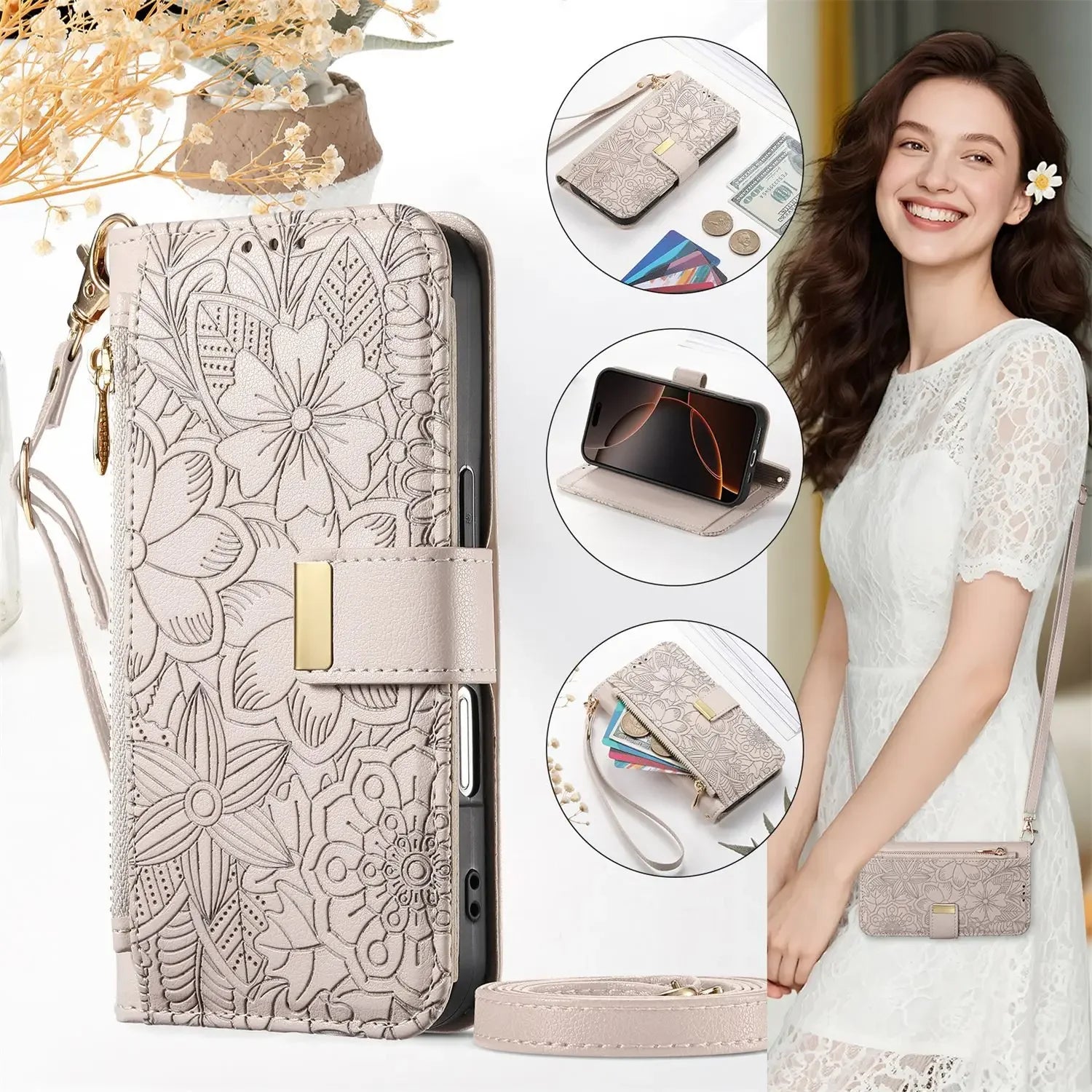 Leather Zipper Crossbody Flip Wallet Card Slot Case for IPhone